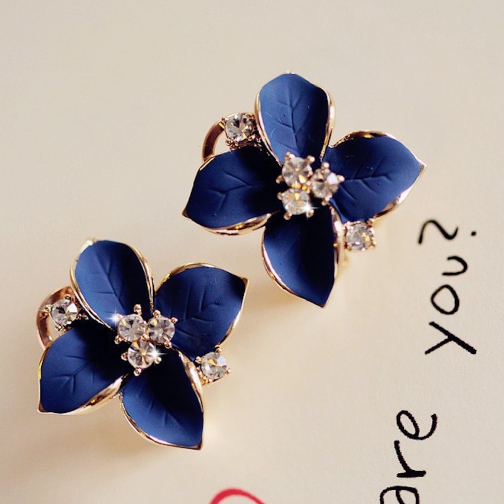 Royal Blue Camellia Flower Statement Stud Earrings